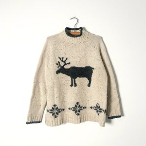 Eddie Bauer Vintage 90s Moose Sweater Womens Medium Cream Grey Wool